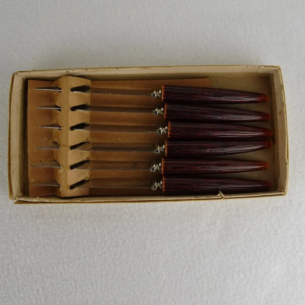 6 REGENT SHEFFIELD Steak Knives Stainless Blade Faux Antler Handle Original Box
